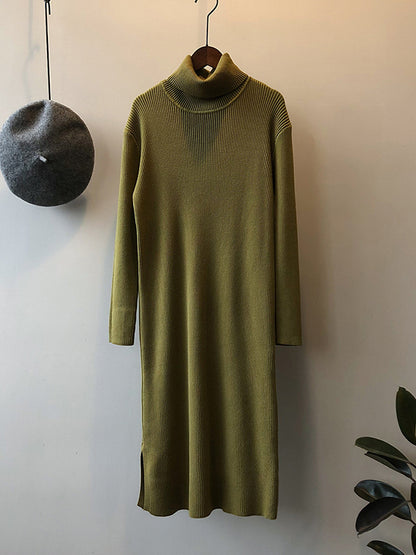 Urban Loose Long Sleeves Split-Side Solid Color High-Neck Sweater Dresses-Homeunderwear