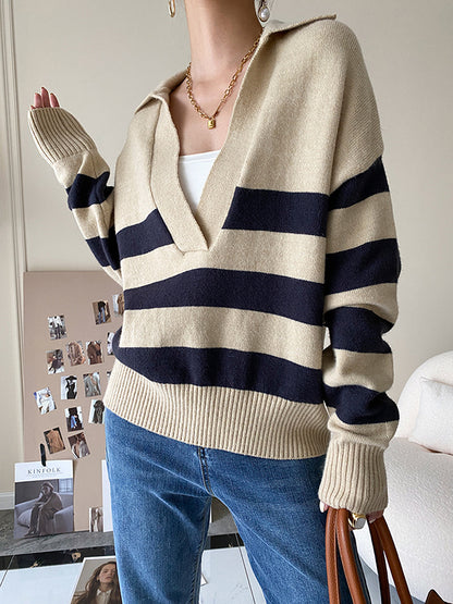 Original Creation Loose Long Sleeves Contrast Color Striped Deep V-Neck Sweater Tops