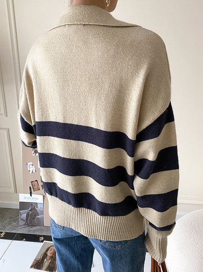 Original Creation Loose Long Sleeves Contrast Color Striped Deep V-Neck Sweater Tops