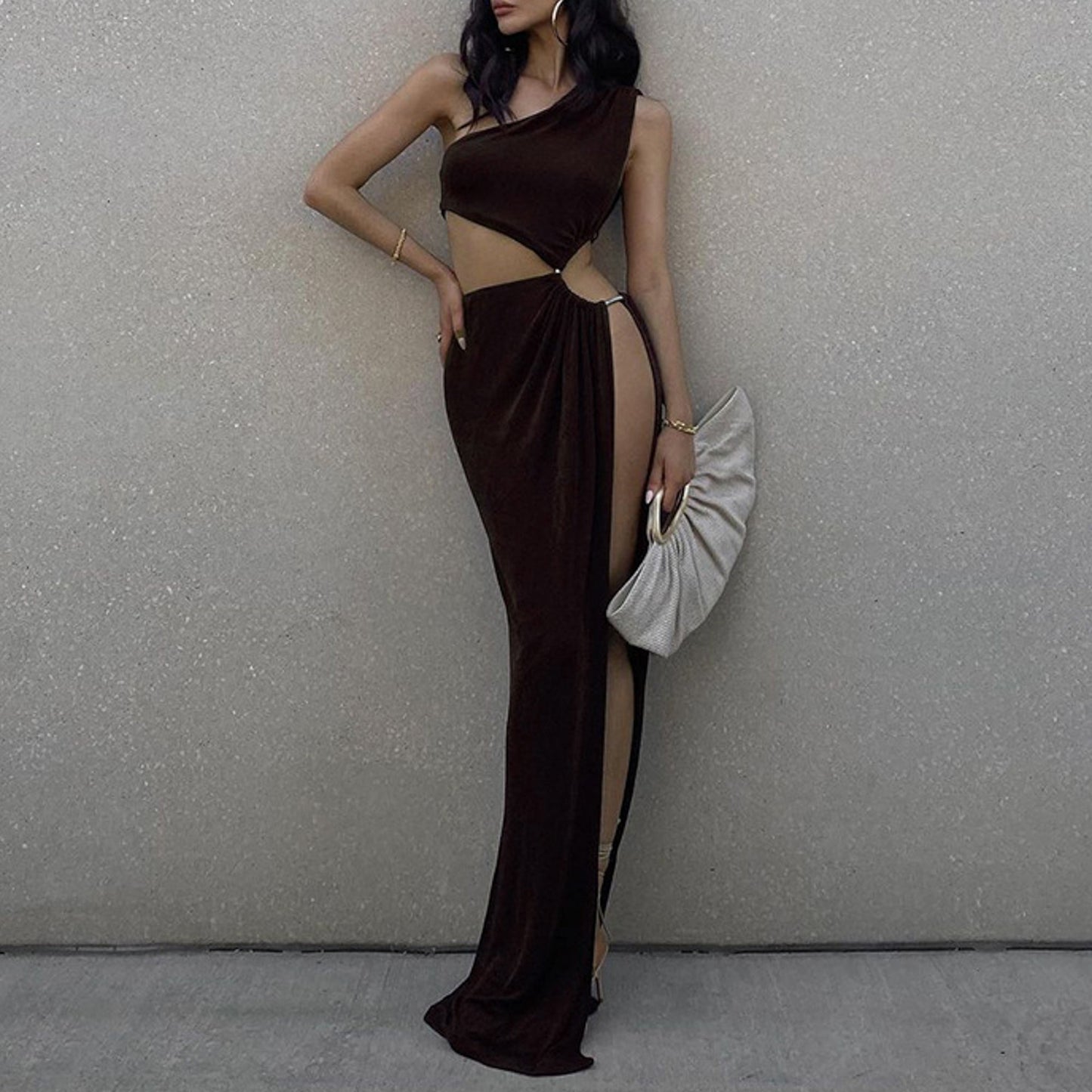 Free Shipping For Sexy Brown Cut Out High Split Irregular Party Maxi Dress