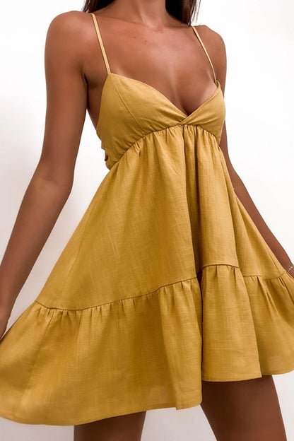 Free Shipping For Yellow V-neck Sexy Loose Ruffle Mini Dress