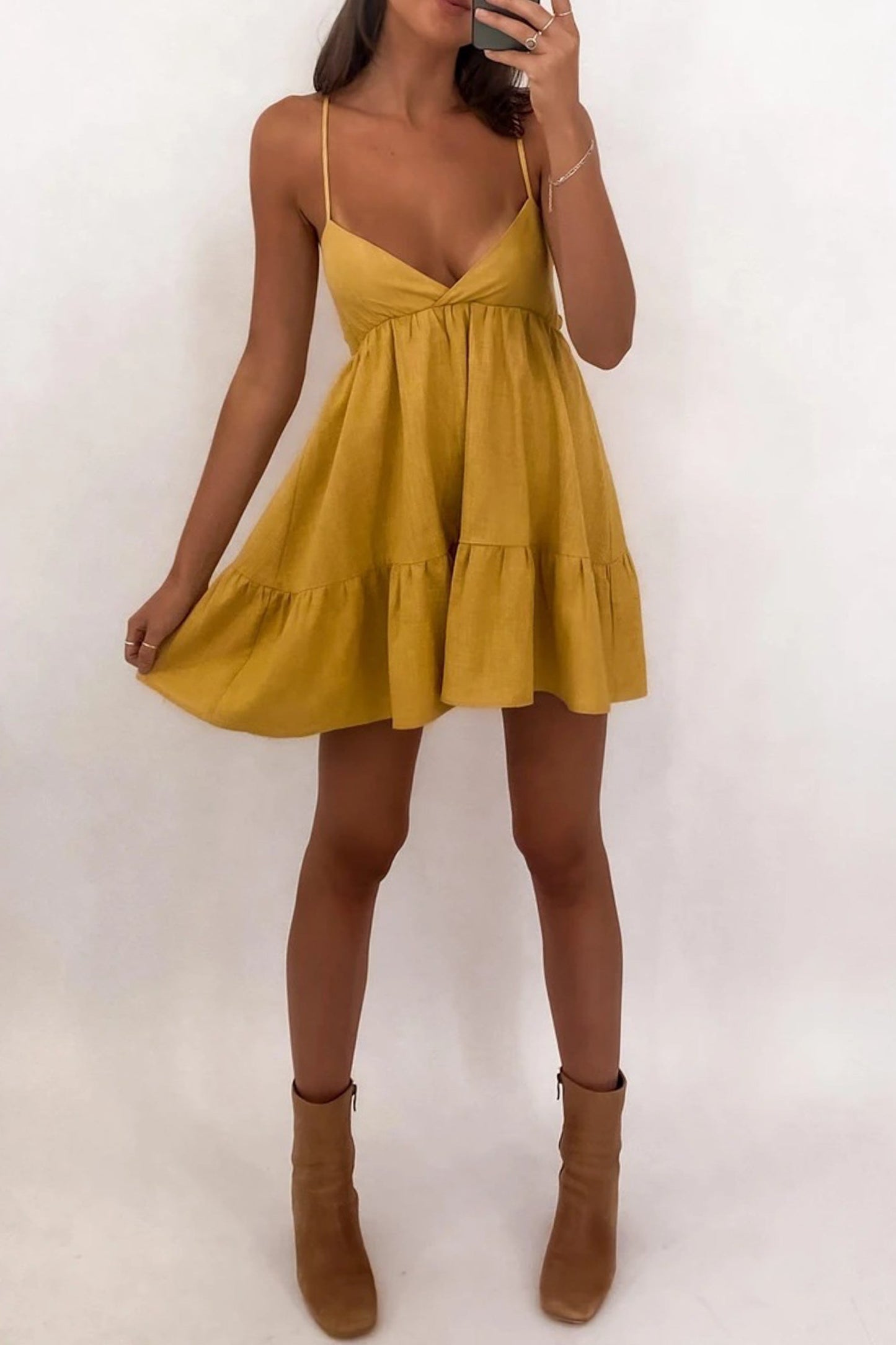 Free Shipping For Yellow V-neck Sexy Loose Ruffle Mini Dress