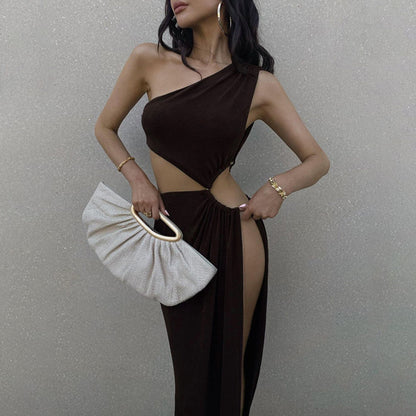 Free Shipping For Sexy Brown Cut Out High Split Irregular Party Maxi Dress