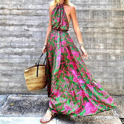 Free Shipping For Pink Flowers Print Green Halter Neck Sleeveless Long Maxi Dress With Belt