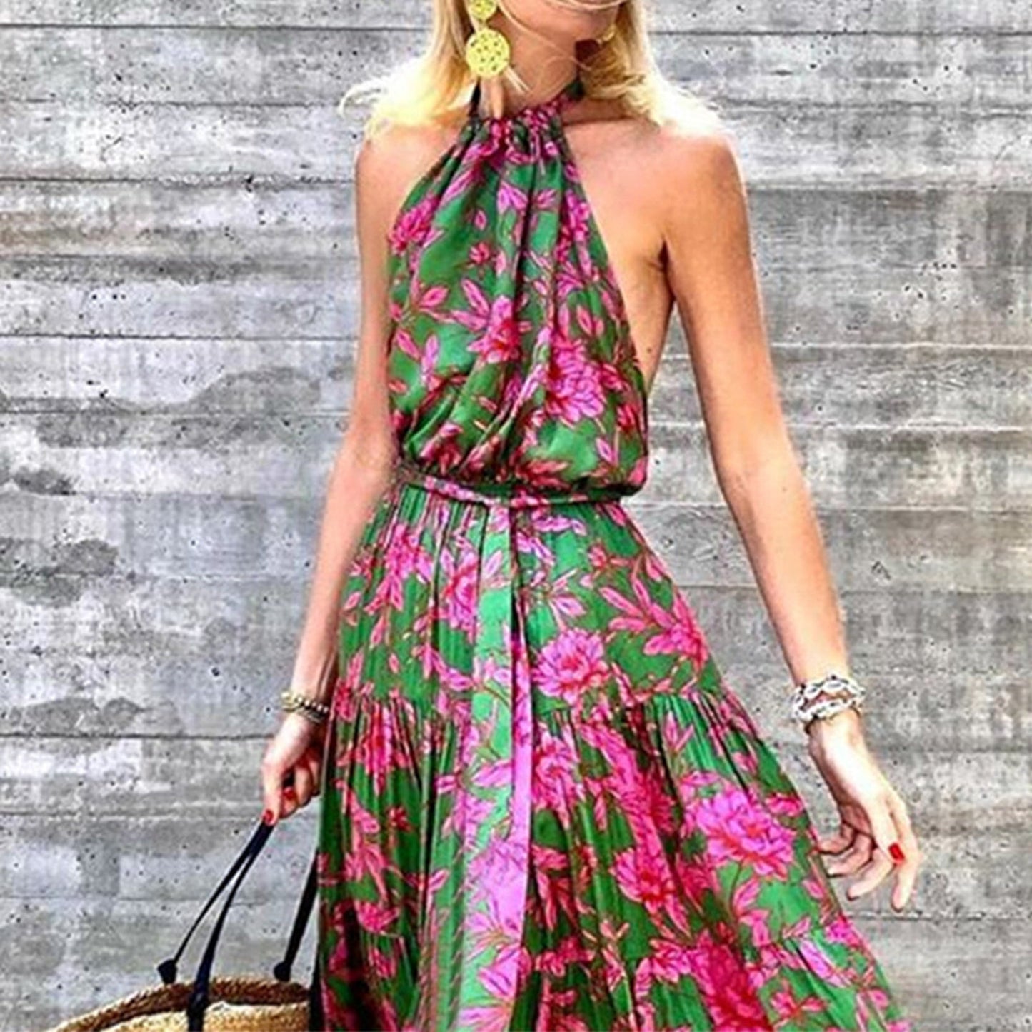 Free Shipping For Pink Flowers Print Green Halter Neck Sleeveless Long Maxi Dress With Belt