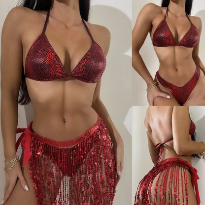 European and American Fringed Glitter Three-Piece Swimwear