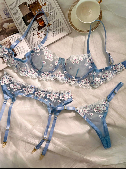 Free Shipping For Blue Cherry Blossoms Sheer Lace Lingerie Set