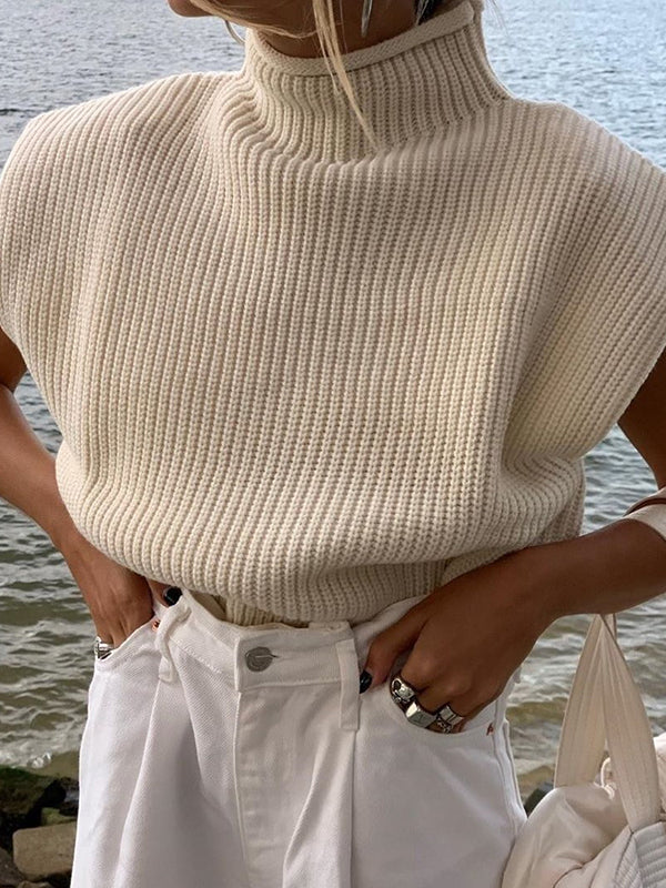 Casual Cap Sleeve Solid Color High-Neck Sweater Tops Pullovers-Homeunderwear