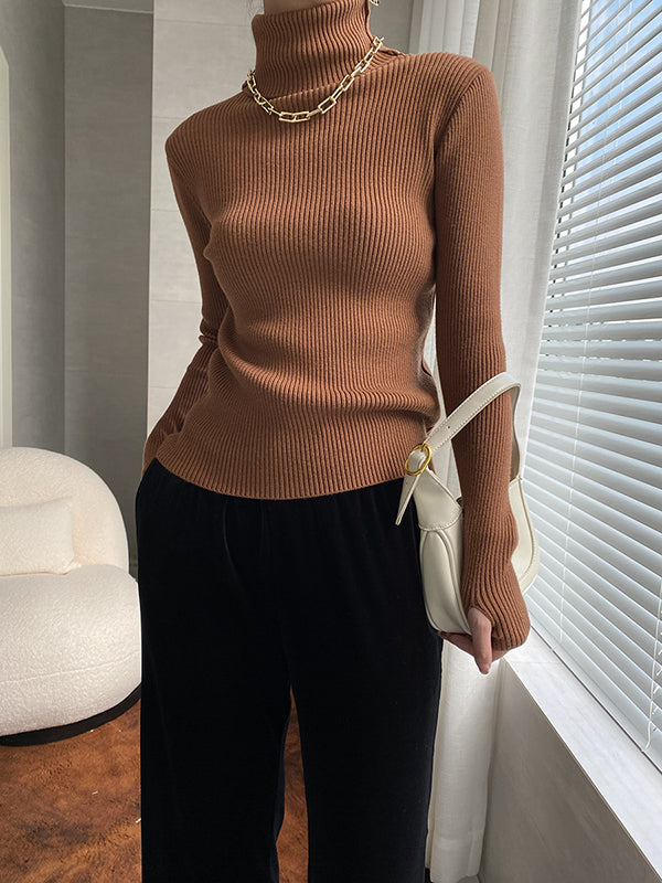 Urban Skinny Solid Color High-Neck Sweater Tops-Homeunderwear