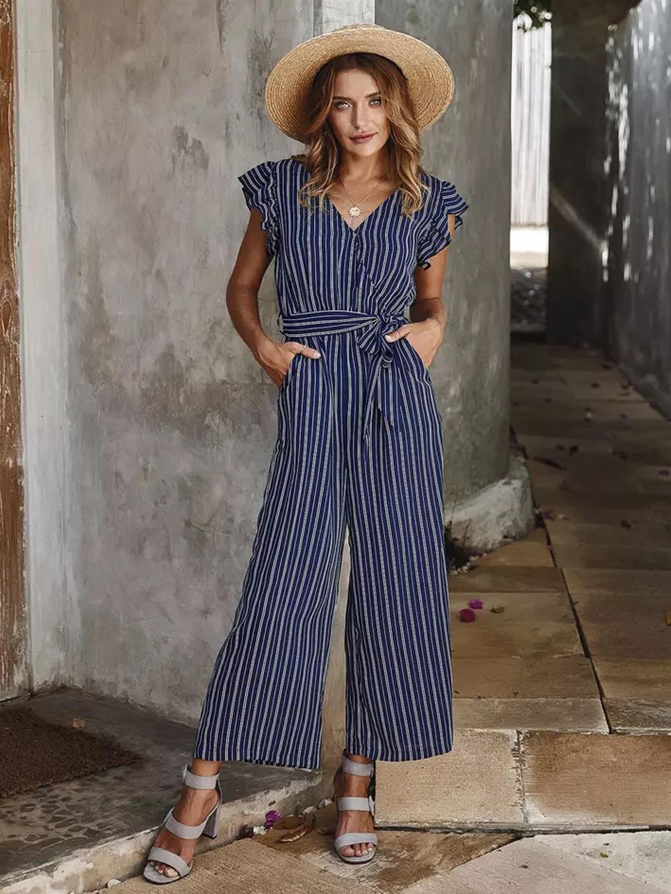 Navy Stripe Sleeveless Jumpsuit With V Neckline