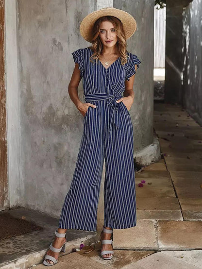 Navy Stripe Sleeveless Jumpsuit With V Neckline