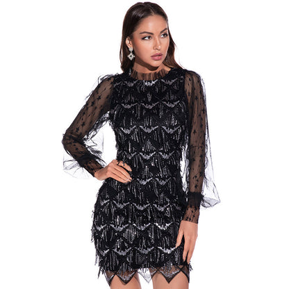 Bestselling Sexy Mesh Long Sleeve Sequin Patchwork Dress