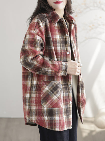 Artistic Retro Loose Long Sleeves Keep Warm Plaid Lapel Collar With Velvet Blouses&Shirts Tops-Homeunderwear