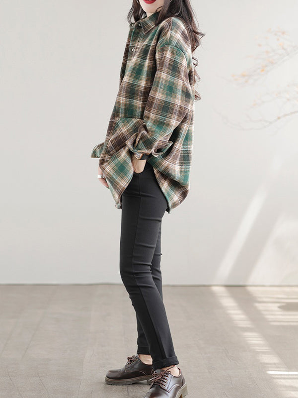 Artistic Retro Loose Long Sleeves Keep Warm Plaid Lapel Collar With Velvet Blouses&Shirts Tops-Homeunderwear