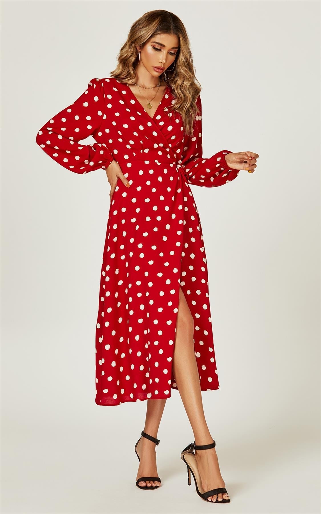 Polka Dot Wrap Midi Dress In Red