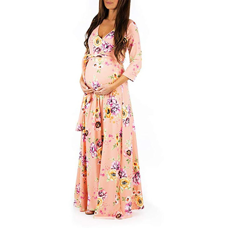 Free Shipping ForCross deep V-neck waistband, waist cinched, 3/4 sleeves, floor mopping maternity dress, long dress