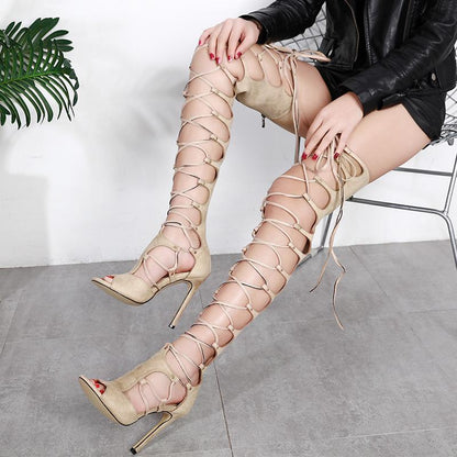 Bandage Open Toe Thin Heel Long Tube Cool Boots