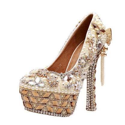 Champagne Rhinestone Pearl Handmade Super High Heel Wedding Shoes