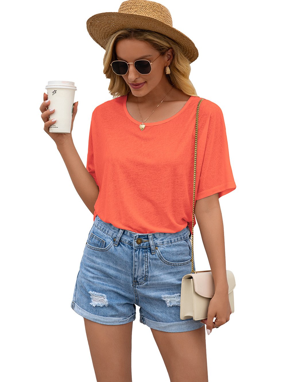 Round neck short sleeve cut out lace stitching T-shirt