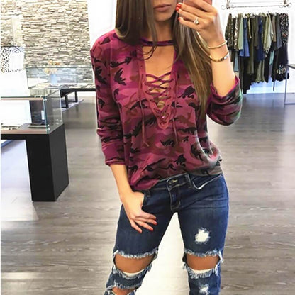 V-neck Camouflage Print Long Sleeves Blouse