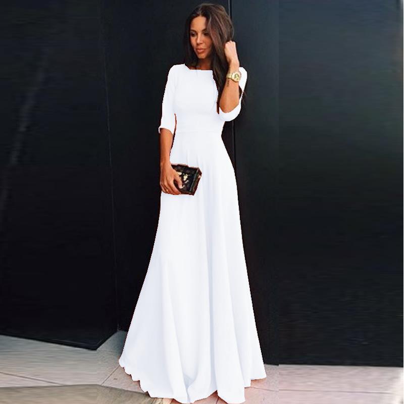 Slim Pure Color 3/4 Sleeves Pleated Long Maxi Dress