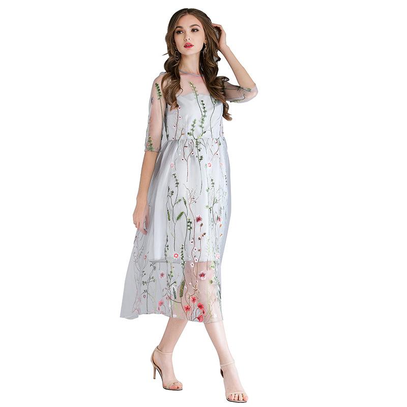 Embroidery Flowers Transparent Mesh Patchwork Tee-length Dress