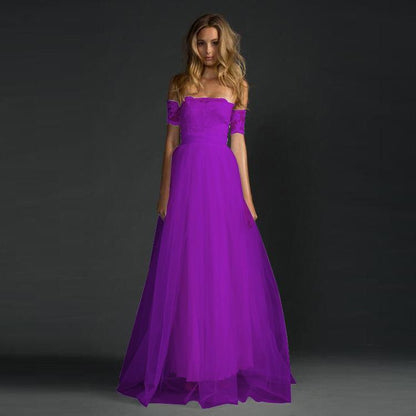 Clearance Off-shoulder Lace Pleated Bowknot Floor Grown Long Dress