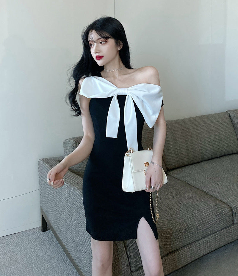 Bow Tie Diagonal Shoulder Slim Split Hip Wrap Dress-Homeunderwear