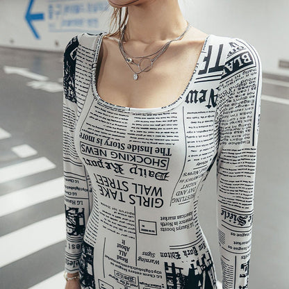 Fashion Long Sleeve Newspaper Printed Off Shoulder Dress