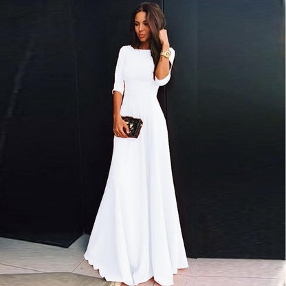 Clearance Slim Pure Color 3/4 Sleeves Pleated Long Maxi Dress