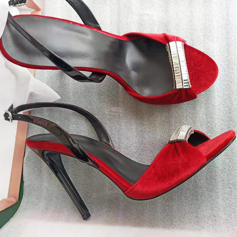 Black Red Velvet Diamond Super High Heel Sandals Dinner Shoes