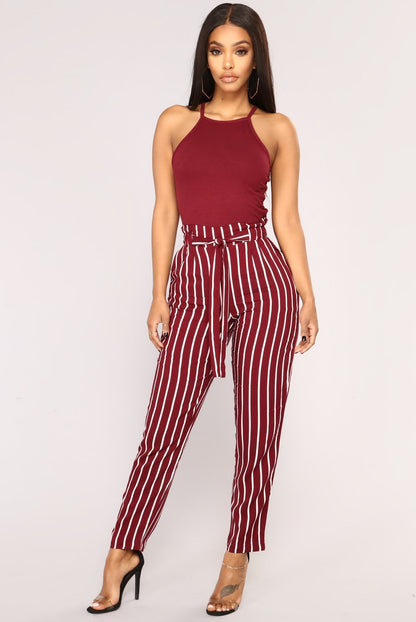 Clearance Striped Slim Strap Belt Long Skinny Casual Pants