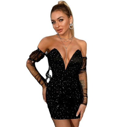 Deep V-Neck Wrap Chest Sequin Backless Spinning Dress