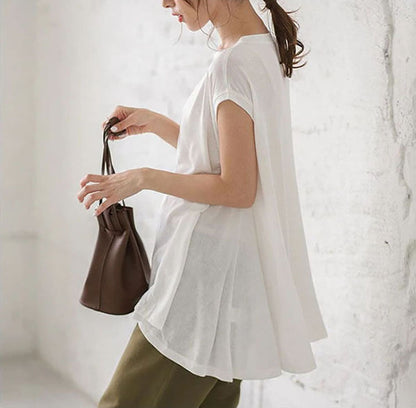 Casual Simple Loose Solid Color Pleated Round-Neck Short Sleeves T-Shirt Tops