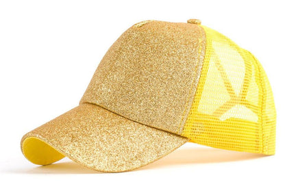 BRIGHT PINK SEQUIN Gold Powder Horsetail Baseball Cap