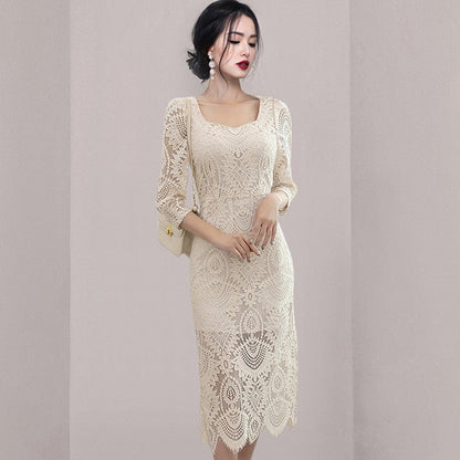 Lace Square Neck Hollow Out Midi Dress