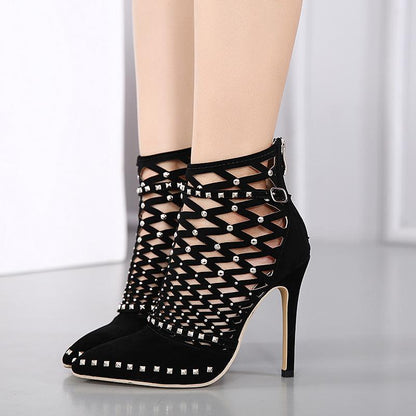 Hollow riveted high-heeled Suede Sandals