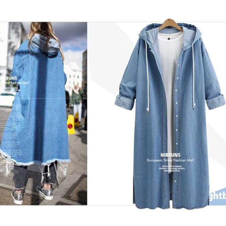 Autumn And Winter New Hooded Long Sleeved Denim Coat Single Breasted Long Windbreaker