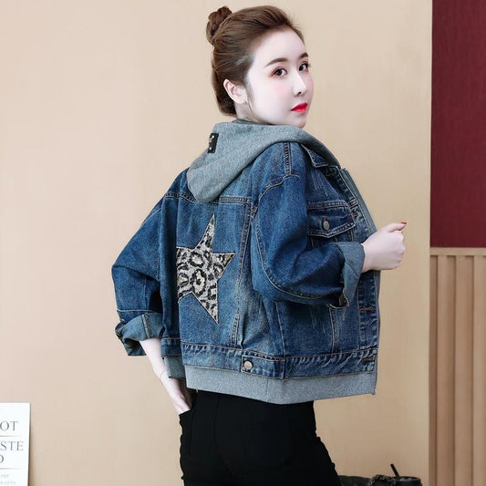 Fashion Hooded Loose Denim Coat Fake Two-Piece Set