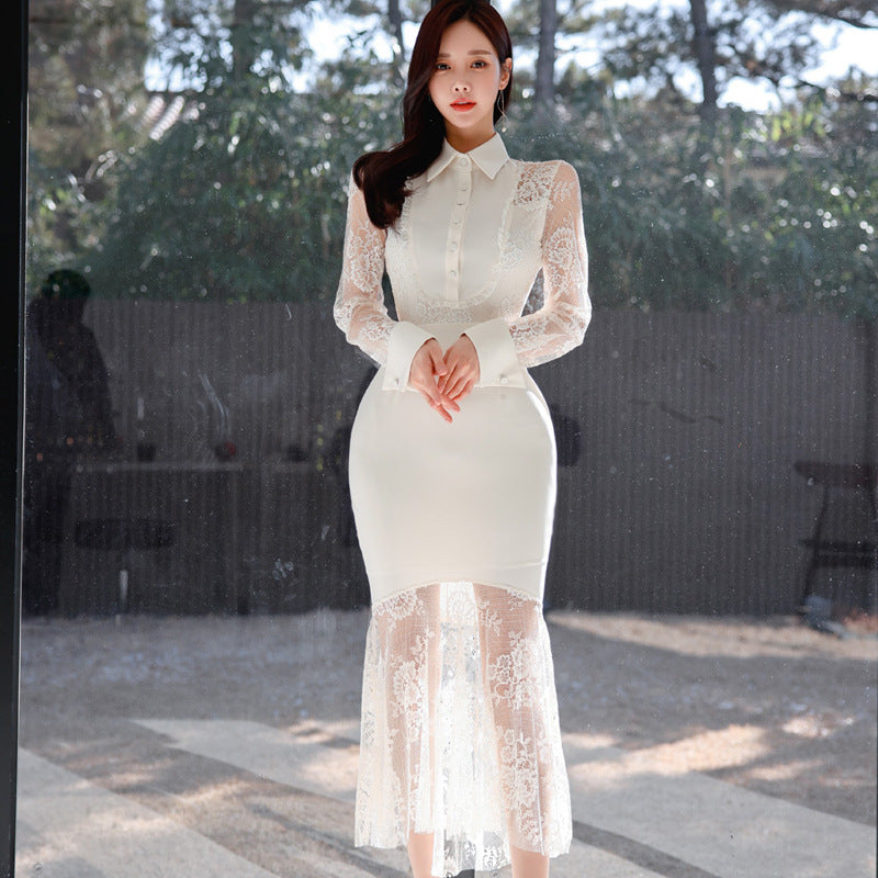 Lace-Trimmed Ear-Shaped Hemline Dress