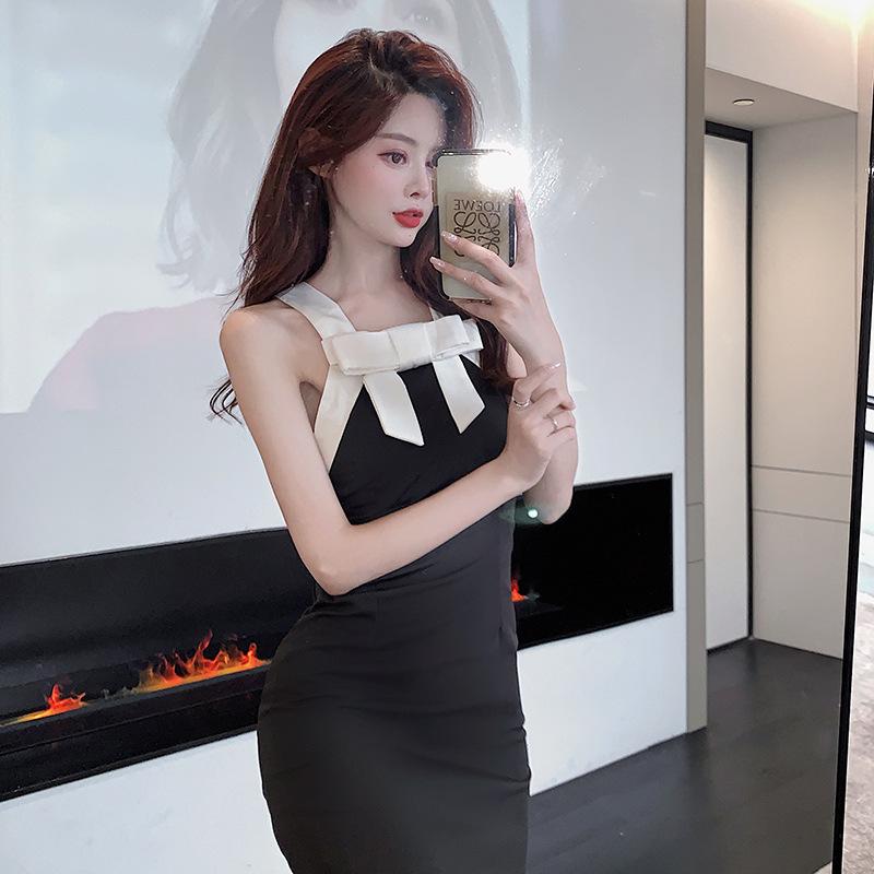 Sexy Bow Contrast Slim Wrap Hip Dress