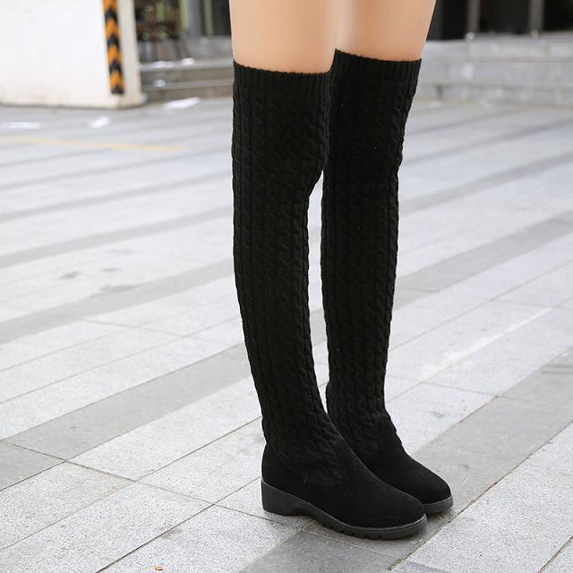 Knitted Wool High Barrel Flat Bottomed Over Knee Elastic Boots