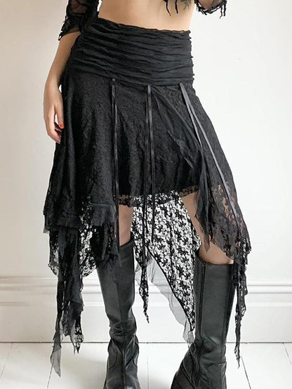 Irregular Hem Design With Wavy Edge Lace Splicing Skirts