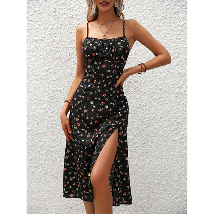 Free Shipping ForNew Polka Dot Print Suspender Dress Summer Sexy Slit Long Dresses For Womens Clothing