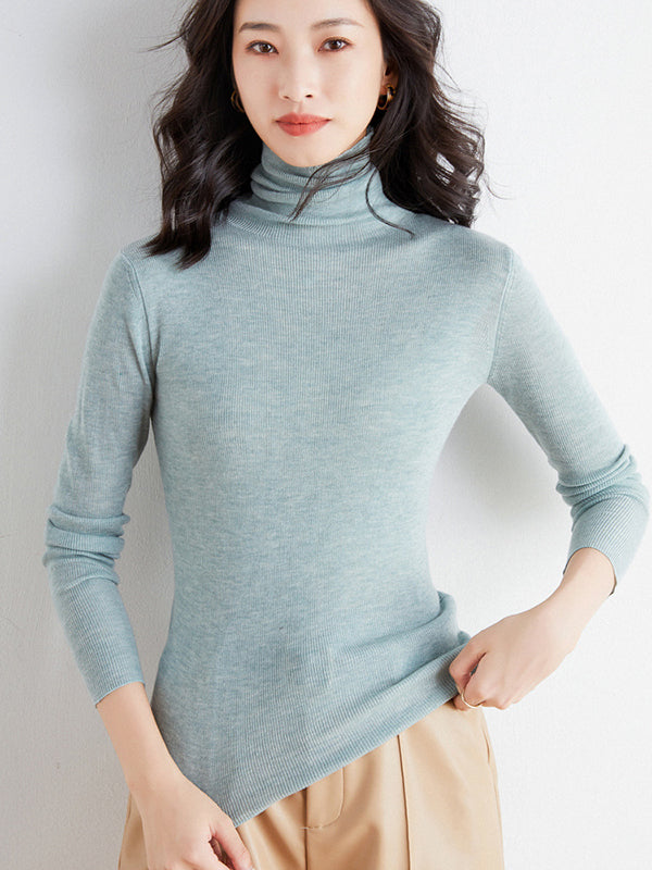 Simple Skinny Long Sleeves Solid Color High-Neck Sweater Tops Pullovers-Homeunderwear