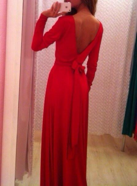 Clearance Long Sleeves Pure Color V-Back Backless Long Dress