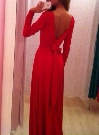 Clearance Long Sleeves Pure Color V-Back Backless Long Dress