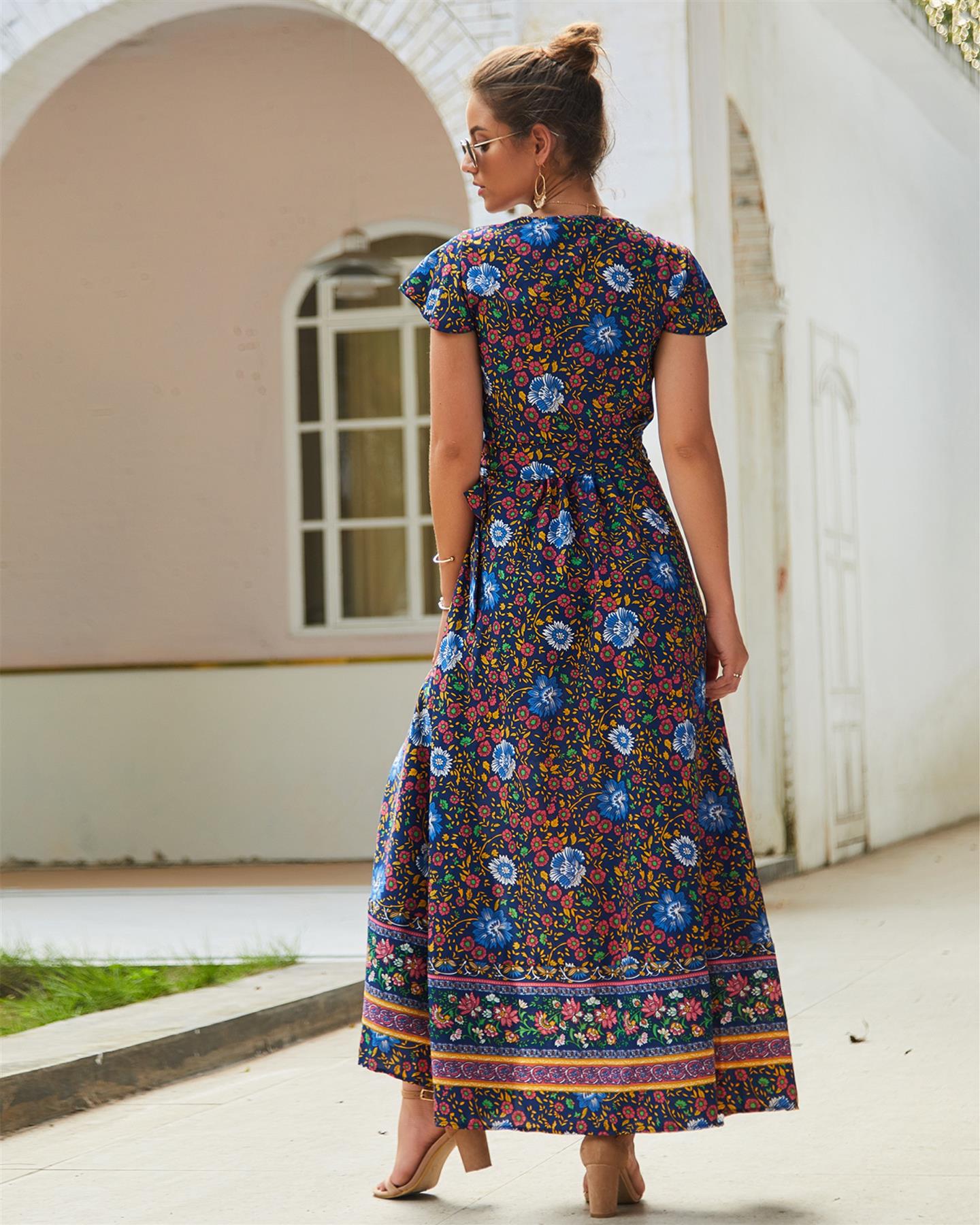 Bohemian Style Wrap Maxi Dress In Navy & Yellow & Green Floral Print