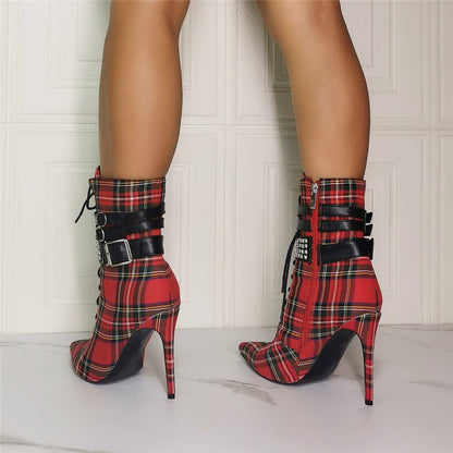 Red Plaid Point Toe Buckle High Heel Calf Boots