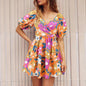 Free Shipping ForFlowers Print V-Neck Lantern-sleeve Dress Y2K Summer Vacation Beach Short Dresses Fashion Womens Clothing